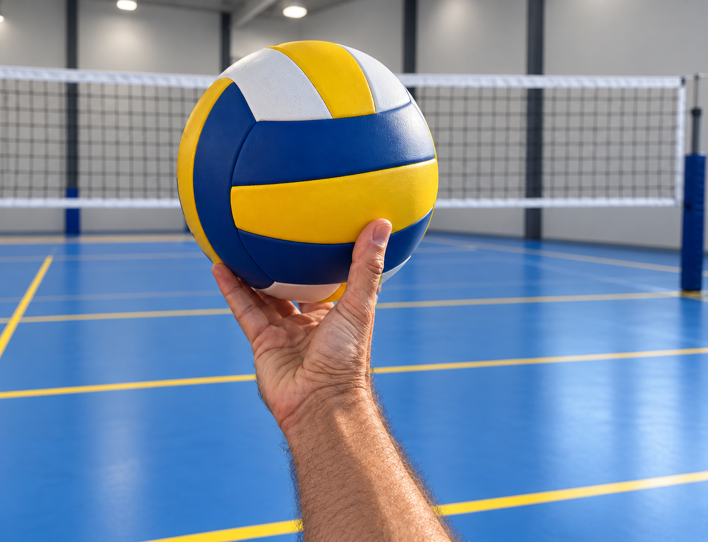 Een hand ondersteunt de volleybal vlak voor de service, met het net in de sporthal op de achtergrond