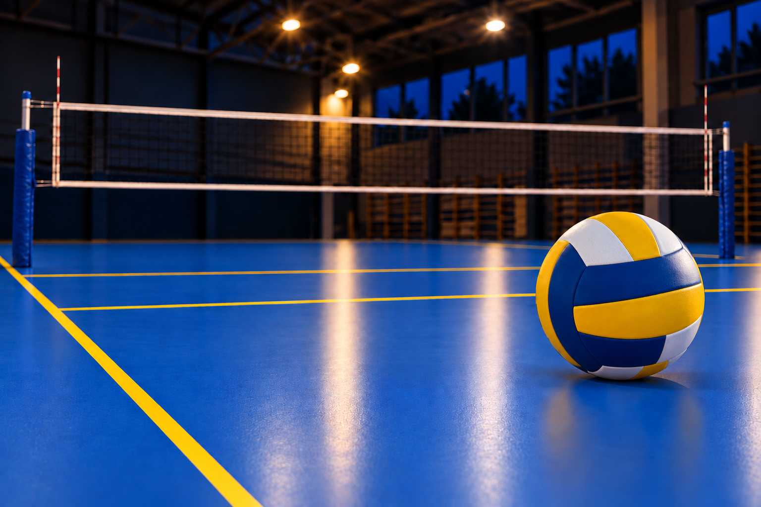 Een volleybal naast het net op een blauwe sportvloer